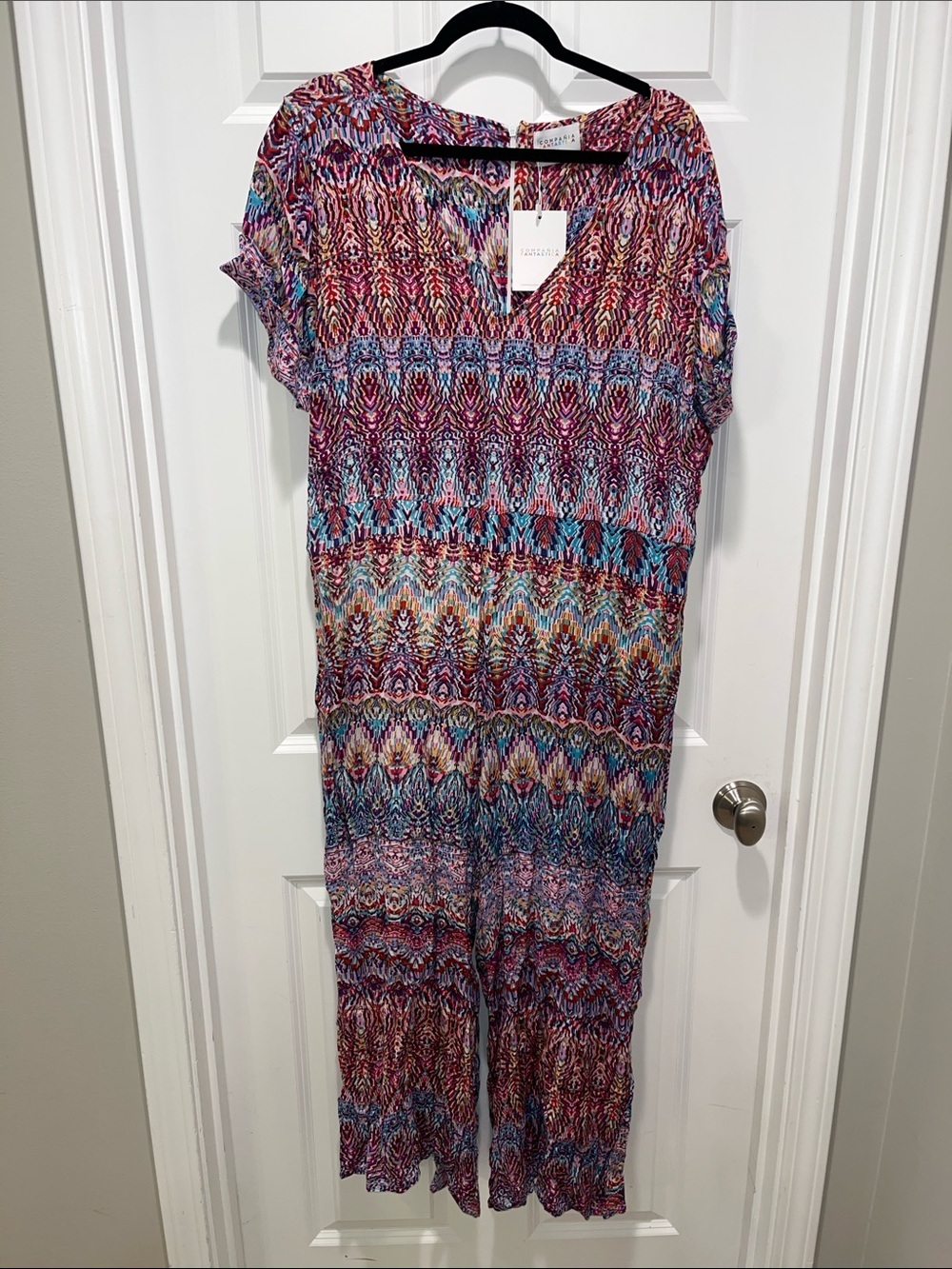 NEW COMPANIA FANTASTICA short sleeve cotton twill jumpsuit multicolor art deco